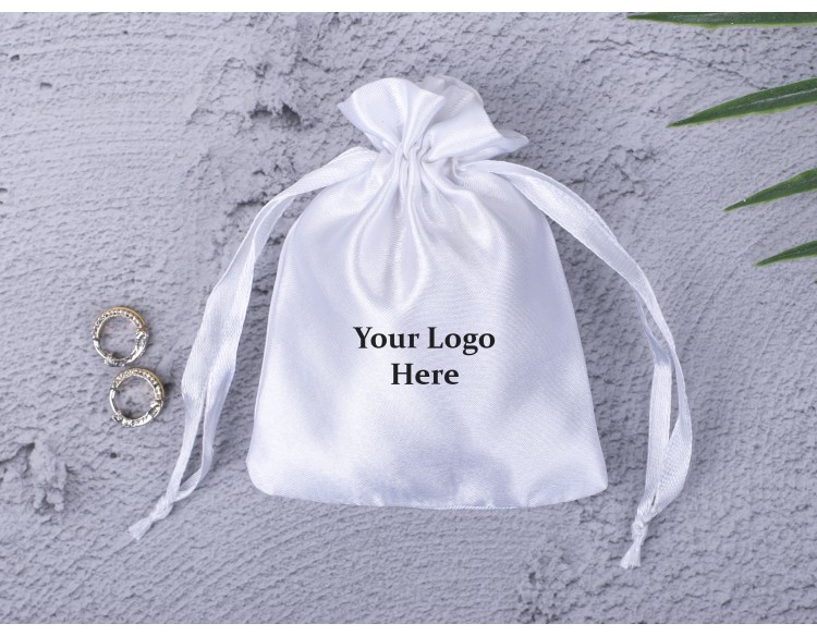 Pack of 100 White Satin Drawstring Pouch, Satin Bags, Custom Satin Pouch With Logo