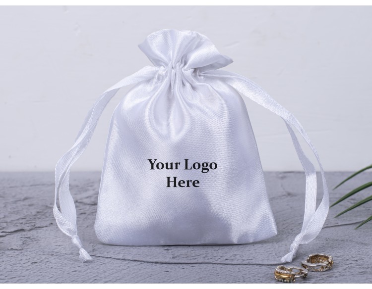 Pack of 100 White Satin Drawstring Pouch, Satin Bags, Custom Satin Pouch With Logo