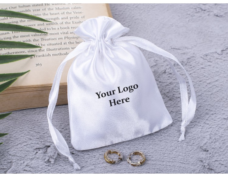 Pack of 100 White Satin Drawstring Pouch, Satin Bags, Custom Satin Pouch With Logo