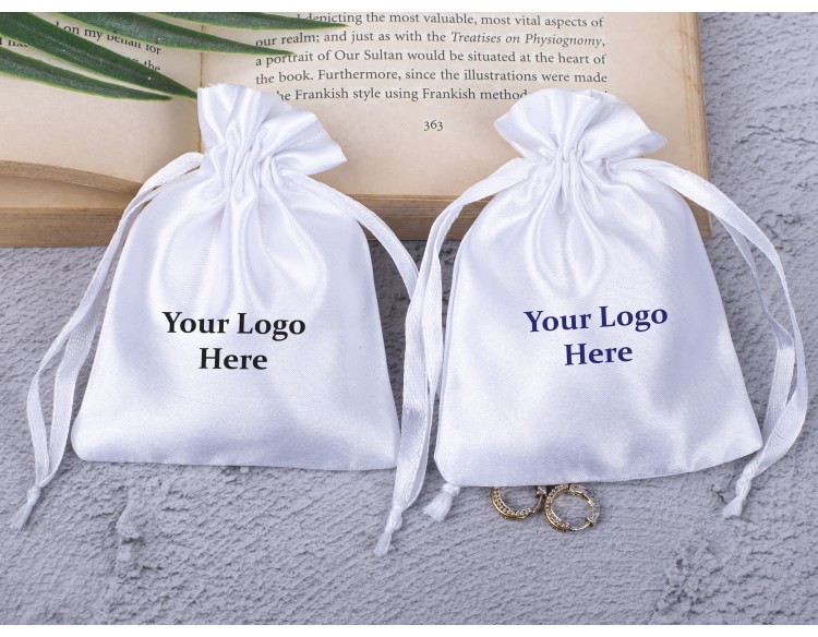 Pack of 100 White Satin Drawstring Pouch, Satin Bags, Custom Satin Pouch With Logo