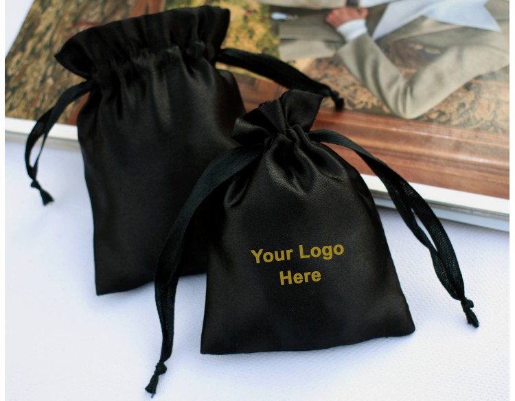 Pack Of 100 Black Satin Drawstring Bag, Satin Jewelry Packaging Pouch, Custom Satin Favor Bags With Logo