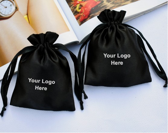 Pack Of 100 Black Satin Drawstring Jewelry Packaging Pouch, Custom Wedding Favor Bags With Logo (BG143)