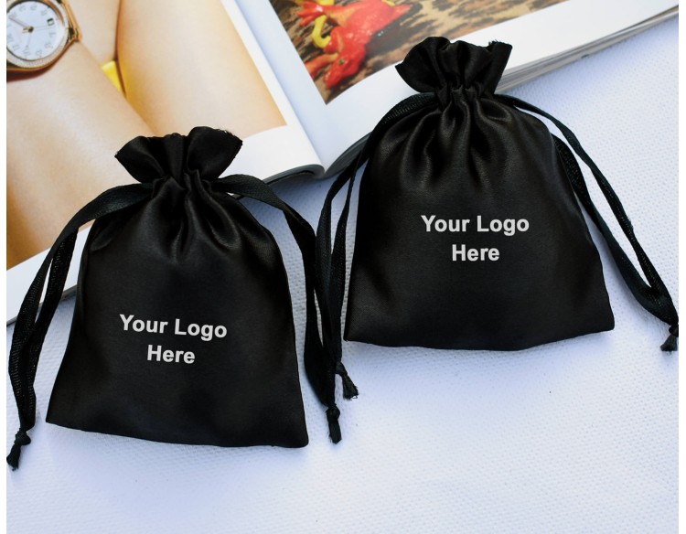 Pack Of 100 Black Satin Drawstring Bag, Satin Jewelry Packaging Pouch, Custom Satin Favor Bags With Logo