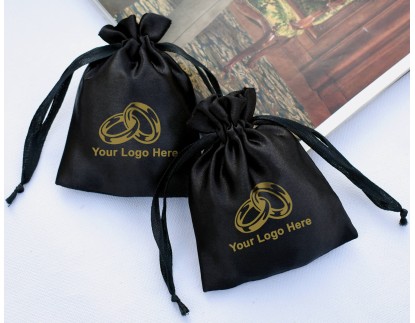 Pack Of 100 Black Satin Drawstring Bag, Satin Jewelry Packaging Pouch, Custom Satin Favor Bags With Logo