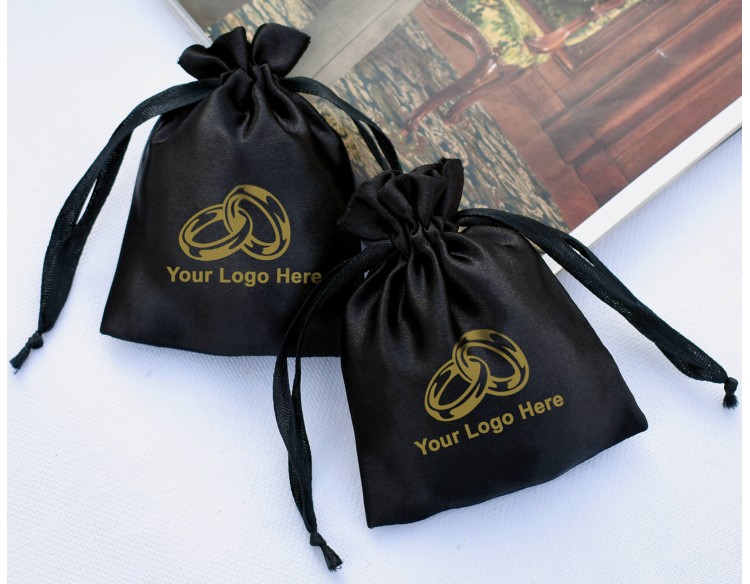 Pack Of 100 Black Satin Drawstring Bag, Satin Jewelry Packaging Pouch, Custom Satin Favor Bags With Logo