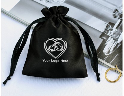 Pack Of 100 Black Satin Drawstring Bag, Satin Jewelry Packaging Pouch, Custom Satin Favor Bags With Logo