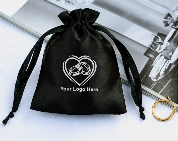 Pack Of 100 Black Satin Drawstring Jewelry Packaging Pouch, Custom Wedding Favor Bags With Logo (BG143)