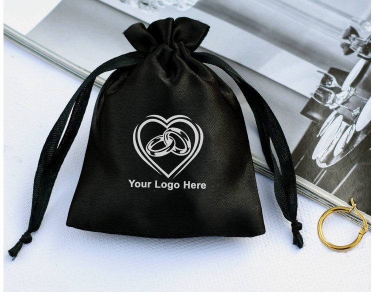 Pack Of 100 Black Satin Drawstring Bag, Satin Jewelry Packaging Pouch, Custom Satin Favor Bags With Logo