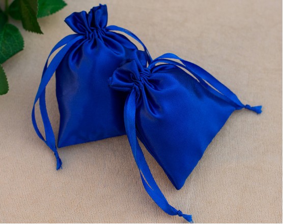 Pack Of 100 Blue Satin Drawstring Jewelry Packaging Pouch, Custom Wedding Favor Bags With Logo