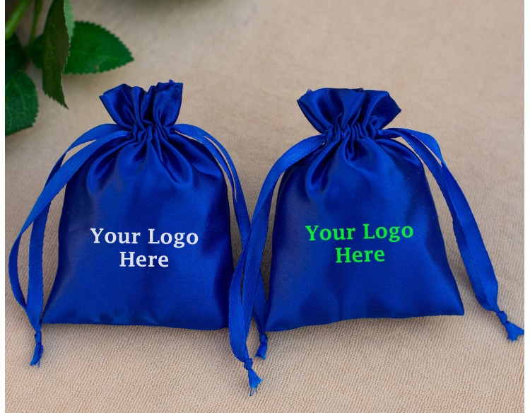 Pack Of 100 Blue Satin Drawstring Jewelry Pouch, Custom Satin Favor Bags With Logo