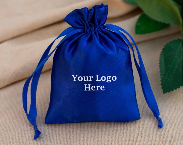 Pack Of 100 Blue Satin Drawstring Jewelry Packaging Pouch, Custom Wedding Favor Bags With Logo