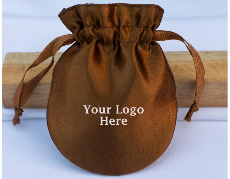100 Brown Round Satin Drawstring Pouch, Satin Bags With Logo, Satin Favor Bags