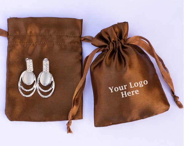 Pack Of 100 Brown Satin Drawstring Jewelry Packaging Pouch, Custom Wedding Favor Bags With Logo