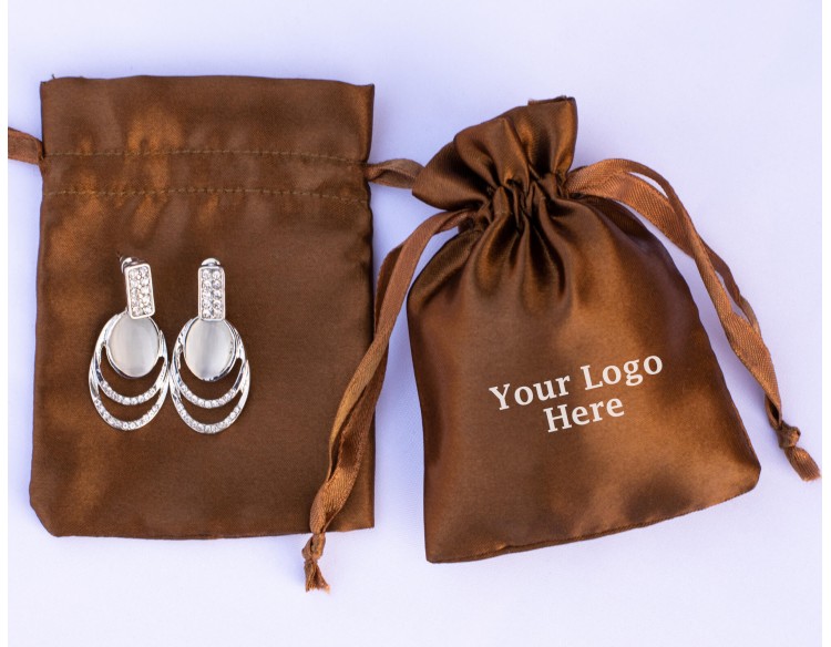 Pack Of 100 Brown Satin Drawstring Jewelry Pouch, Custom Satin Favor Bags With Logo