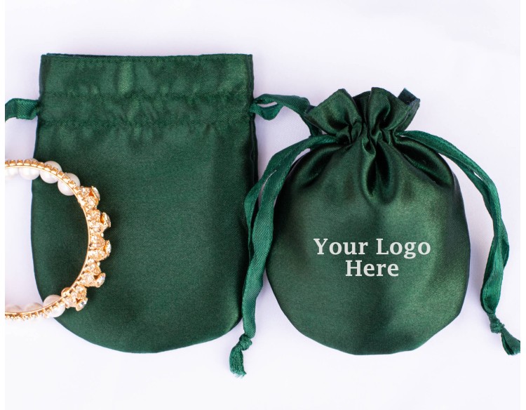 100 Round Green Custom Satin Jewelry Pouch With Logo, Small Satin Drawstring Bags