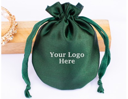 100 Round Green Custom Satin Jewelry Pouch With Logo, Small Satin Drawstring Bags
