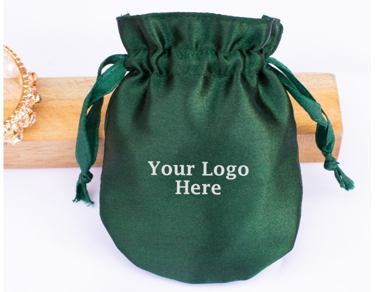 100 Round Green Custom Satin Jewelry Pouch With Logo, Small Satin Drawstring Bags