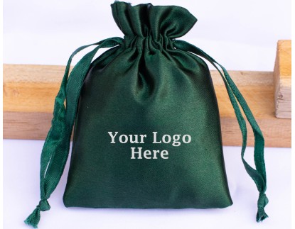 100 Dark Green Satin Jewelry Pouch With Logo, Satin Drawstring Bags, Satin Favor Bags