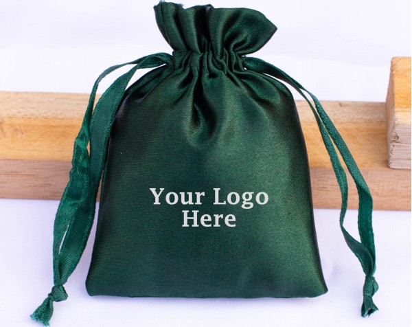 100 Dark Green Satin Fabric Custom Jewelry Pouch With Logo, Small Drawstring Bag, Wedding Favor Pouch