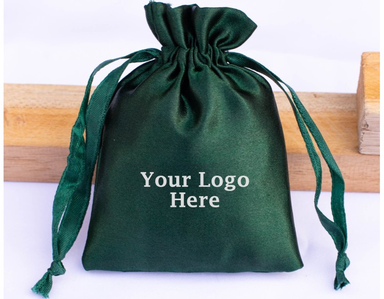 100 Dark Green Satin Jewelry Pouch With Logo, Satin Drawstring Bags, Satin Favor Bags