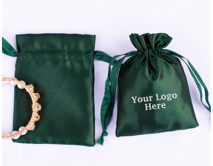 100 Dark Green Satin Jewelry Pouch With Logo, Satin Drawstring Bags, Satin Favor Bags
