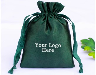 100 Dark Green Satin Jewelry Pouch With Logo, Satin Drawstring Bags, Satin Favor Bags