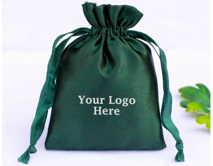 100 Dark Green Satin Jewelry Pouch With Logo, Satin Drawstring Bags, Satin Favor Bags