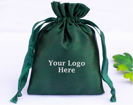 100 Dark Green Satin Fabric Custom Jewelry Pouch With Logo, Small Drawstring Bag, Wedding Favor Pouch