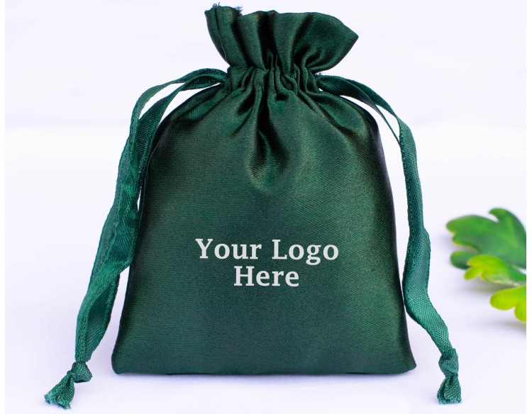 100 Dark Green Satin Jewelry Pouch With Logo, Satin Drawstring Bags, Satin Favor Bags