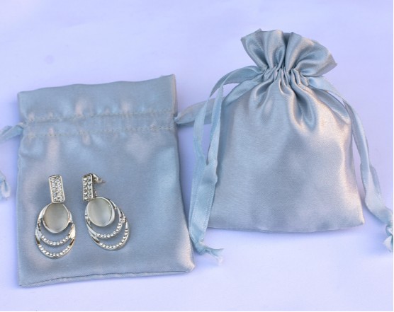 100 Gray Custom Jewelry Pouch With Logo Small Drawstring Bag (Satin Fabric)