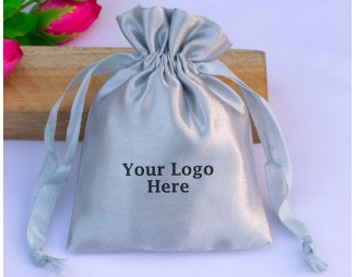 100 Gray Custom Satin Jewelry Pouch With Logo, Small Drawstring Bag (Satin Fabric)