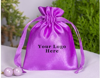100 Light Purple Satin Jewelry Pouch With Logo, Satin Drawstring Bags, Satin Favor Bags in Wholesale