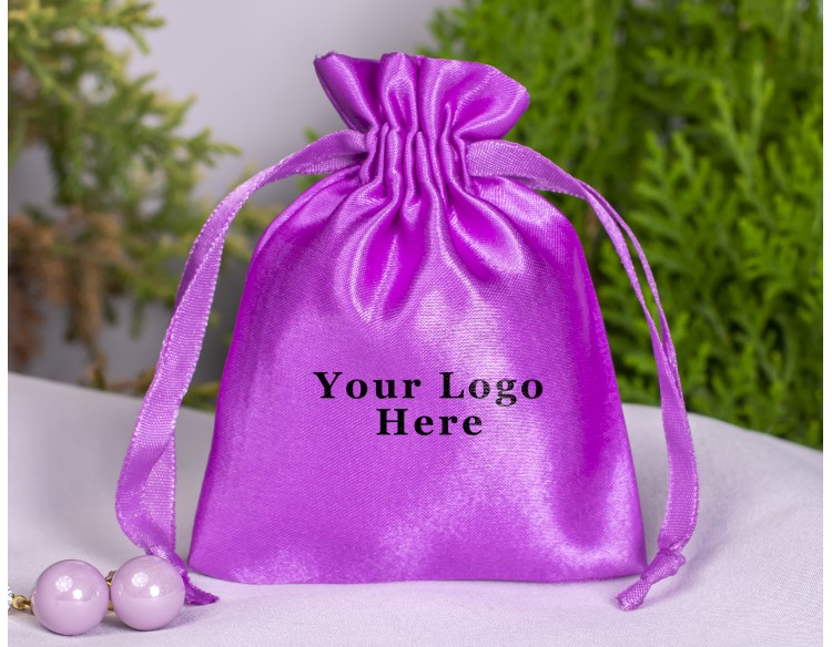 100 Light Purple Satin Jewelry Pouch With Logo, Satin Drawstring Bags, Satin Favor Bags in Wholesale