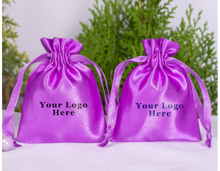 100 Light Purple Satin Jewelry Pouch With Logo, Satin Drawstring Bags, Satin Favor Bags in Wholesale