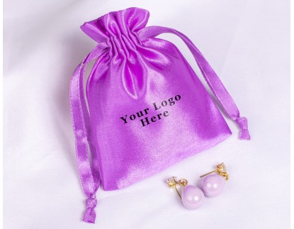 100 Light Purple Satin Jewelry Pouch With Logo, Satin Drawstring Bags, Satin Favor Bags in Wholesale