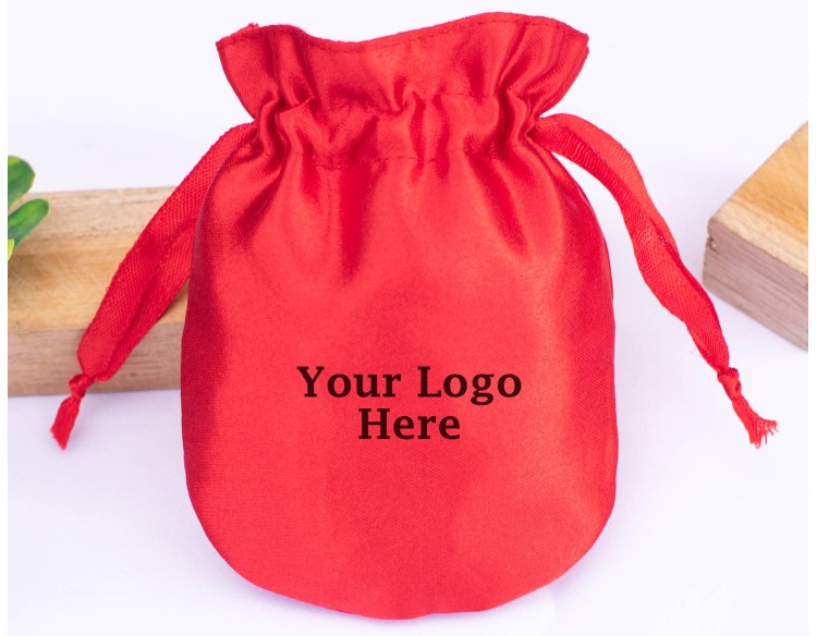 Pack Of 100 Round Red Satin Jewelry Pouch, Custom Satin Favor Bags For Wedding With Logo