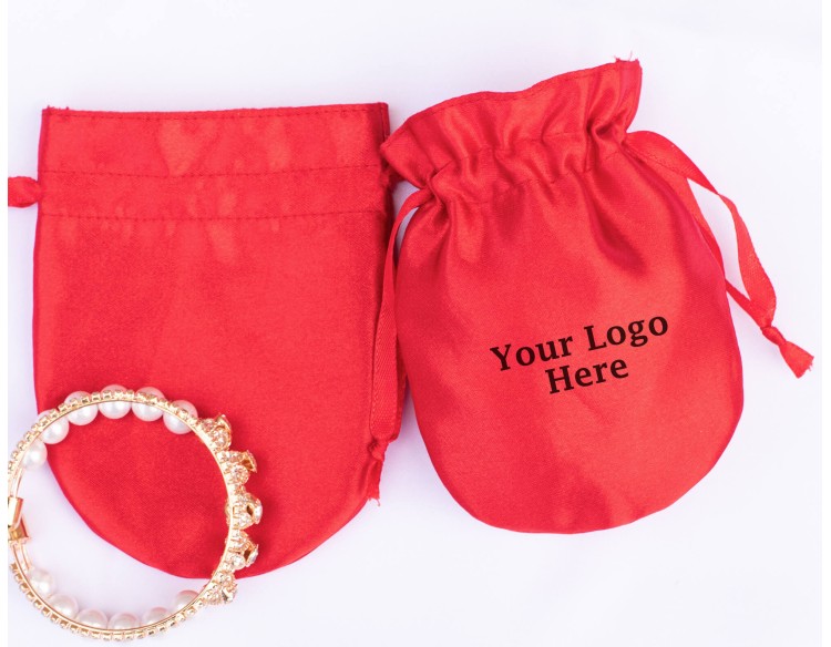 Pack Of 100 Round Red Satin Jewelry Pouch, Custom Satin Favor Bags For Wedding With Logo