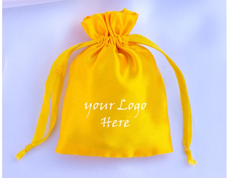 100 Yellow Custom Satin Fabric Jewelry Pouch With Logo, Small Satin Drawstring Bags, Satin Favor Bags for Wedding