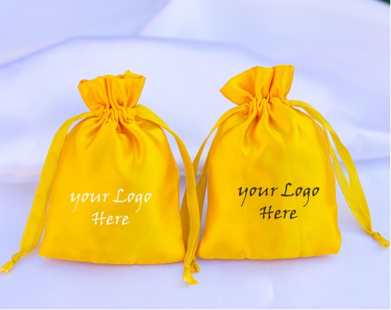 100 Yellow Satin Fabric Custom Jewelry Pouch With Logo, Small Drawstring Bag, Wedding Favor Pouch