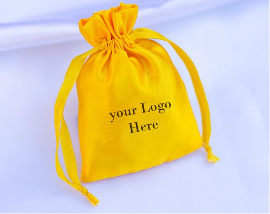 100 Yellow Satin Fabric Custom Jewelry Pouch With Logo, Small Drawstring Bag, Wedding Favor Pouch