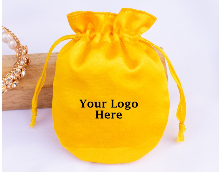 100 Yellow Round Satin Fabric Jewelry Pouch With Logo, Satin Bags, Satin Favor Bags
