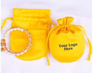 100 Yellow Round Satin Fabric Jewelry Pouch With Logo, Satin Bags, Satin Favor Bags