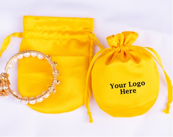 100 Yellow Round Satin Fabric Custom Jewelry Pouch With Logo, Small Drawstring Bag, Wedding Favor Pouch