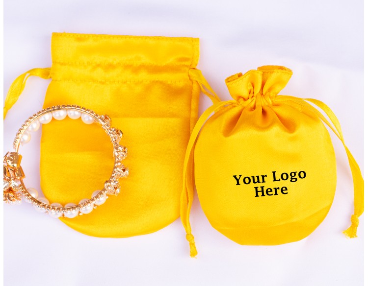100 Yellow Round Satin Fabric Jewelry Pouch With Logo, Satin Bags, Satin Favor Bags