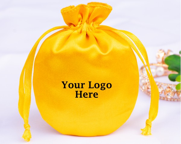 100 Yellow Round Satin Fabric Custom Jewelry Pouch With Logo, Small Drawstring Bag, Wedding Favor Pouch