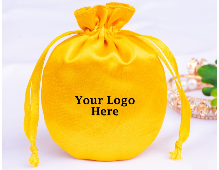 100 Yellow Round Satin Fabric Jewelry Pouch With Logo, Satin Bags, Satin Favor Bags