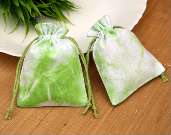Natural Green Tye Dye Custom Logo Jewelery Pouch, Wedding Favor Bag, Cotton Drawstring Pouch