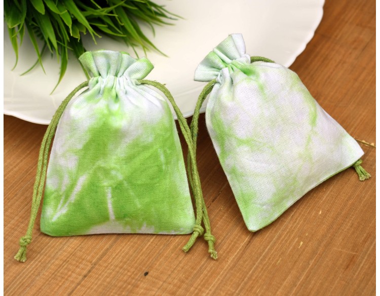 Natural Green Tie Dye Custom Logo Jewelery Pouch, Wedding Favor Bag, Cotton Drawstring Pouch