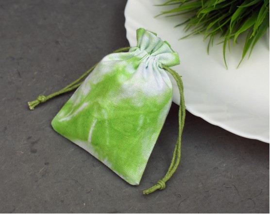Natural Green Tie Dye Custom Logo Jewelery Pouch, Wedding Favor Bag, Cotton Drawstring Pouch