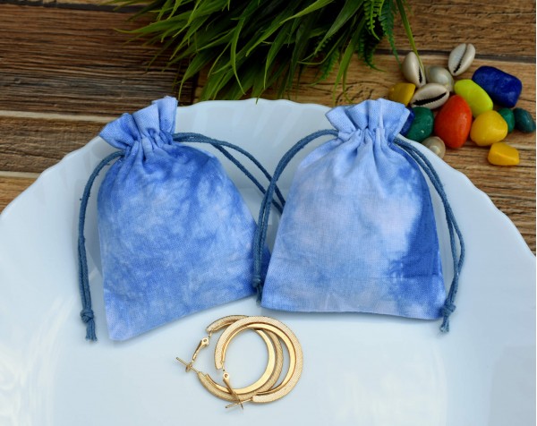 Blue Tie Dye Custom Logo Jewelry Pouch, Wedding Favor Bag, Cotton Drawstring Pouch